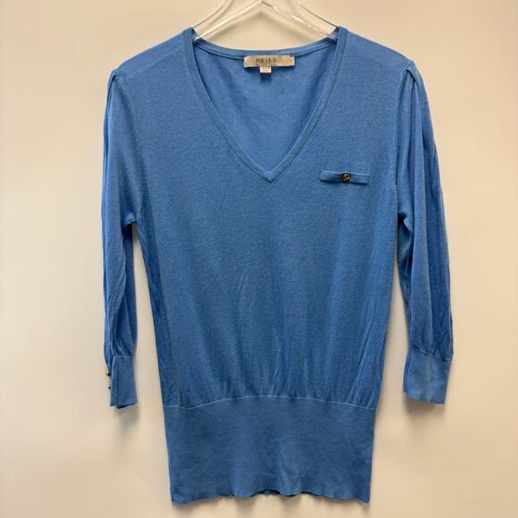 REISS V-Neck Linen Blend Blue Lightweight Sweater Sz Large L - Picture 1 of 9